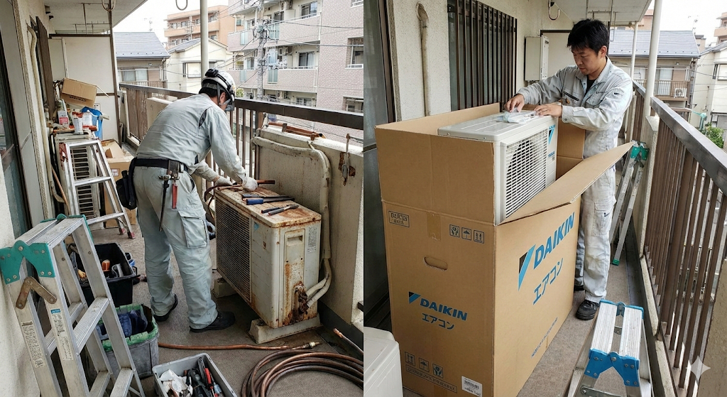エアコン室外機の施工・交換工事の様子